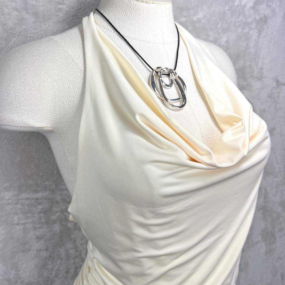 Envie Cream Cowl Neck Halter Top Ruched Backless Sleeveless Blouse Ivory
